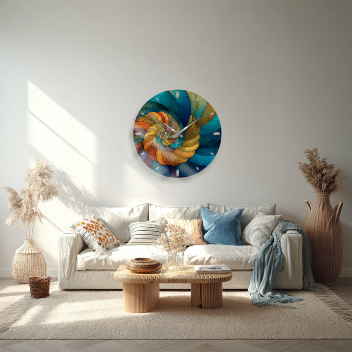 Abstract Spiral Glass Wall Clock – Teal and Gold Swirl Art