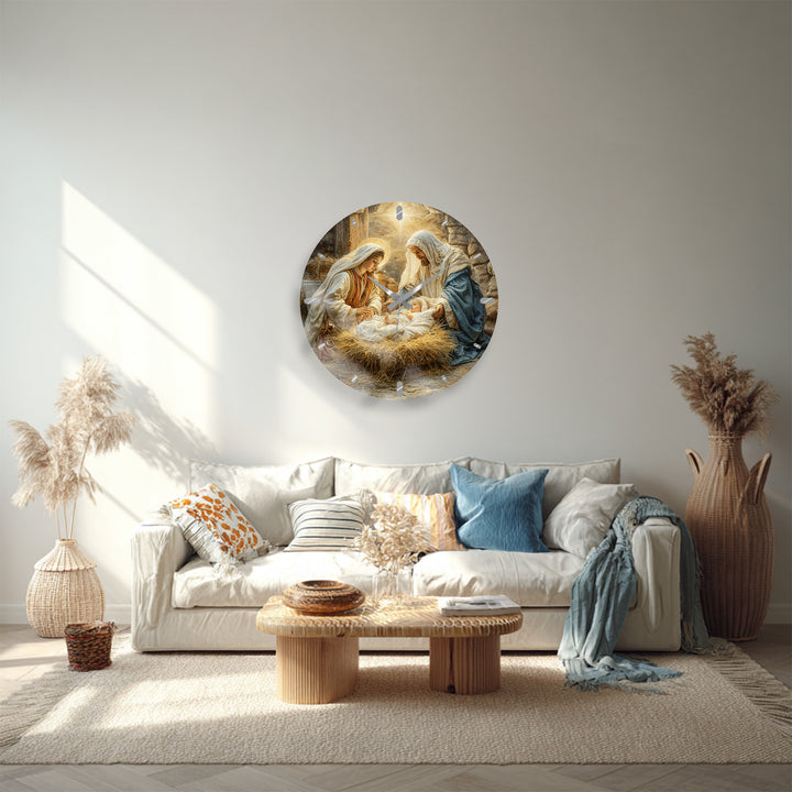 Nativity Scene Glass Wall Clock – Holy Family Christmas Decor