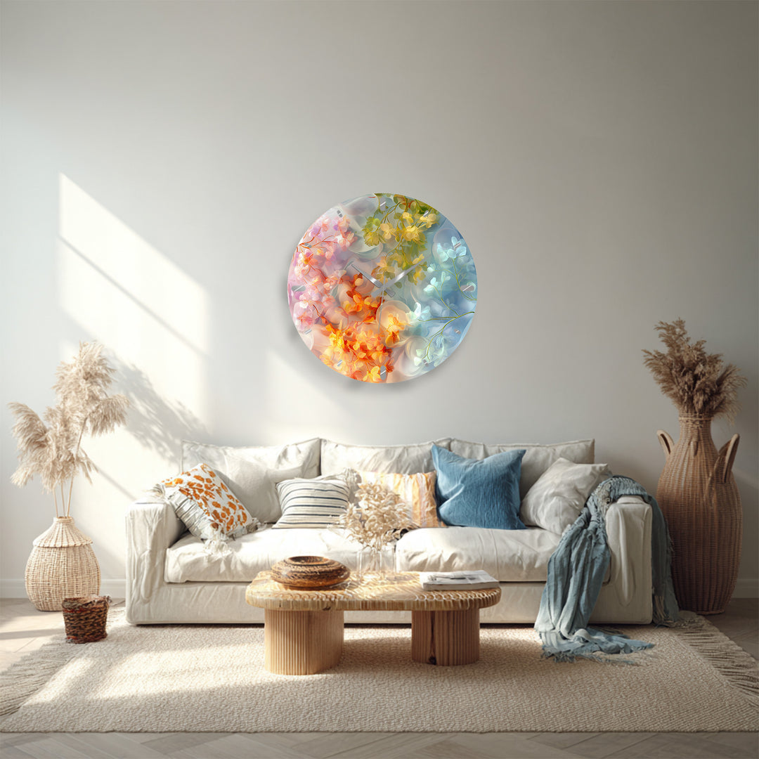 Pastel Floral Glass Wall Clock – Dreamy Botanical Decor