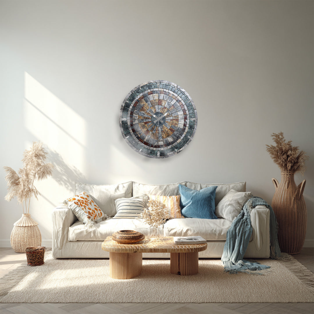 Stone Mosaic Glass Wall Clock – Rustic Geometric Decor