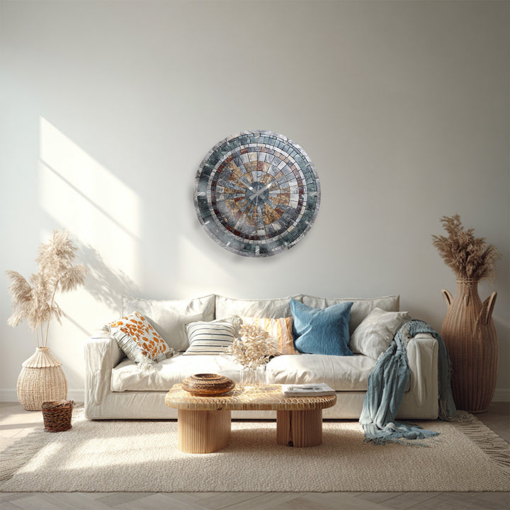 Stone Mosaic Glass Wall Clock – Rustic Geometric Decor