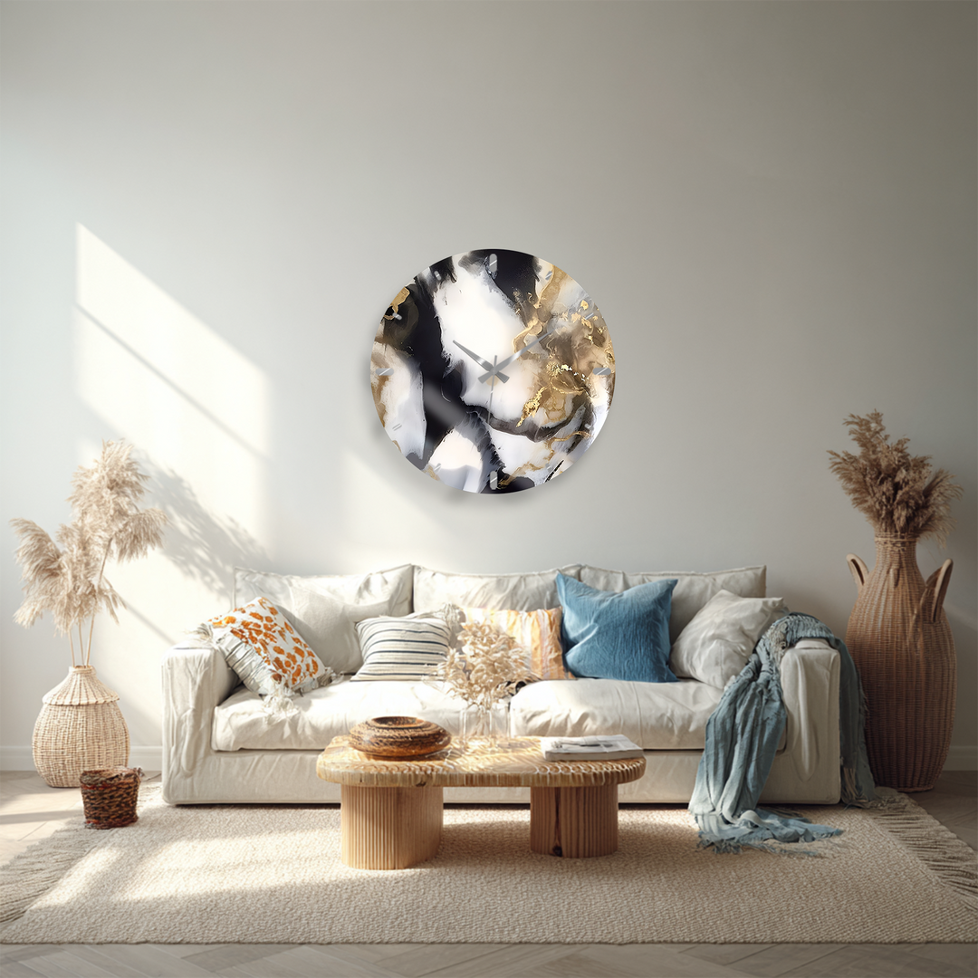 Black and Gold Marble Glass Wall Clock – Abstract Luxury Decor