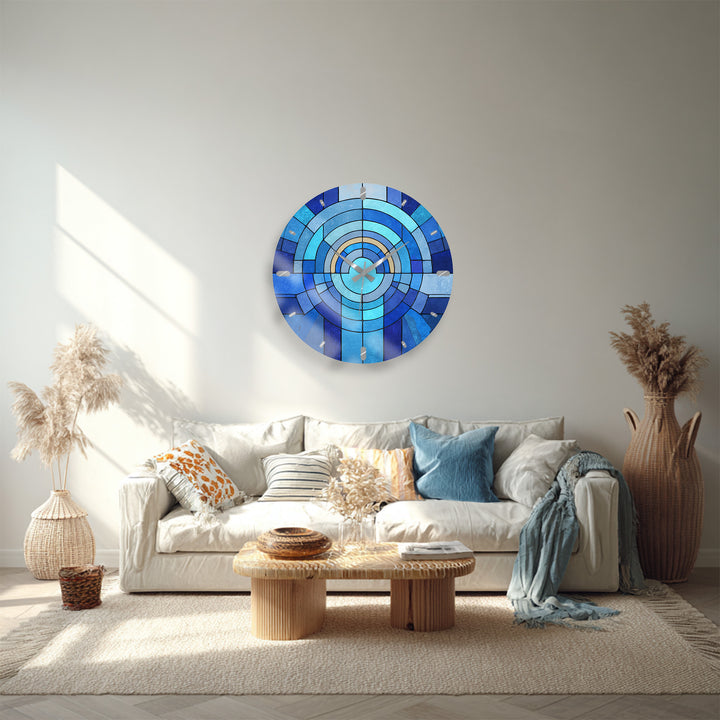 Blaue geometrische Glas-Wanduhr – Dekor im Buntglas-Stil