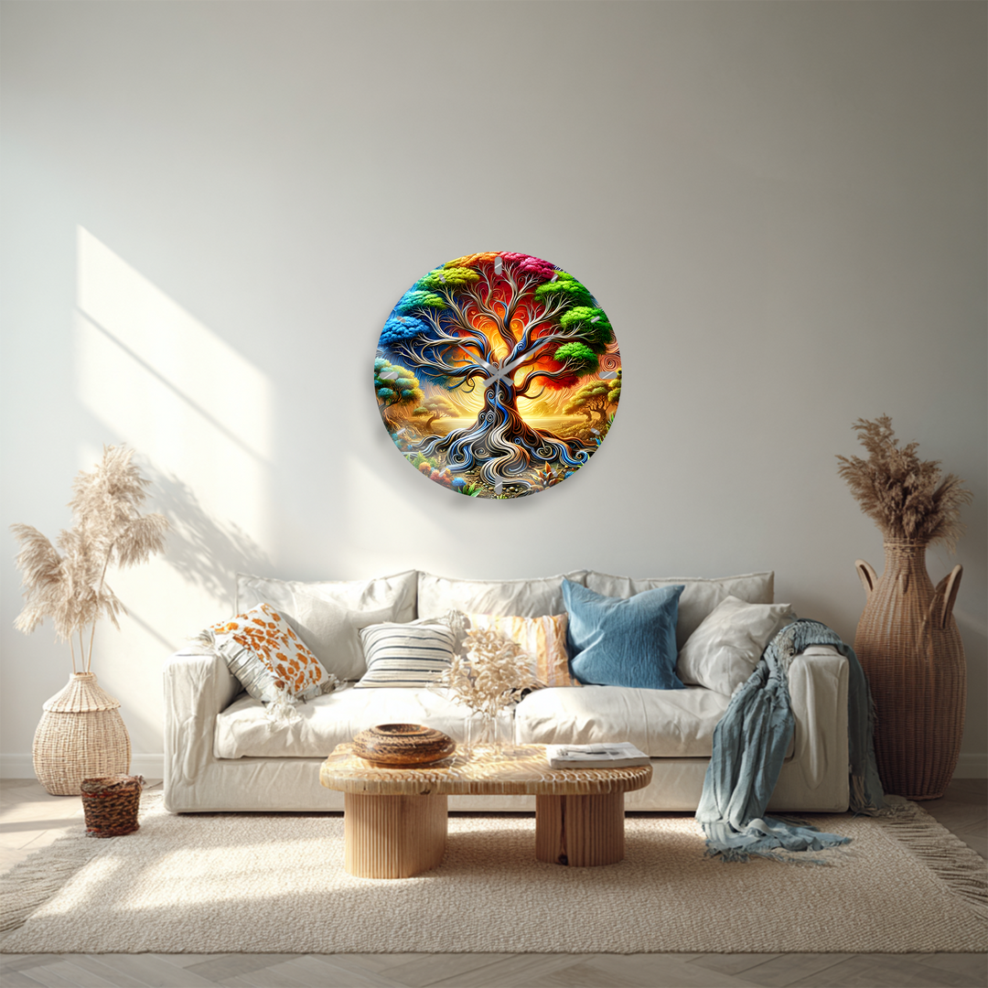 Colorful Tree of Life Glass Wall Clock – Fantasy Nature Decor