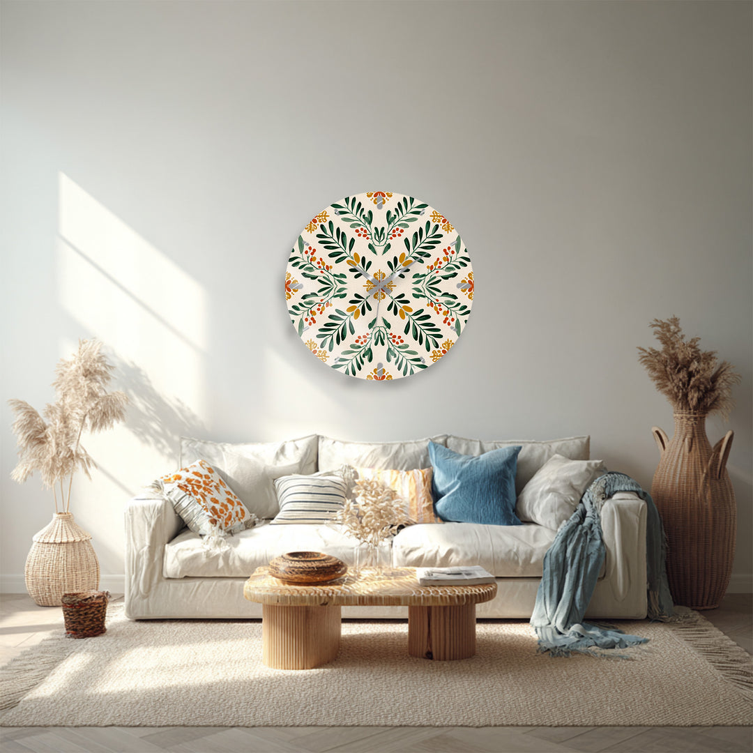 Botanical Glass Wall Clock – Green Leaf Farmhouse Decor