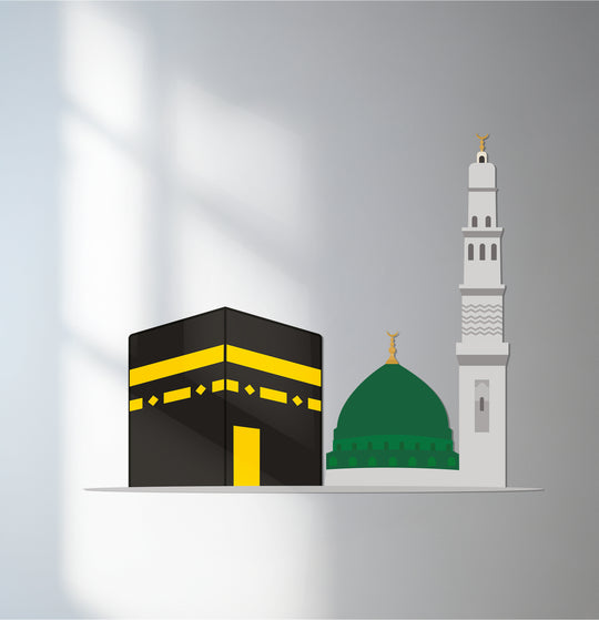Reflecting a subtle surface texture, this Islamic wall art showcases unique metal wall art depicting the Kaaba and Masjid An-Nabawi in a spiritually enriching design.