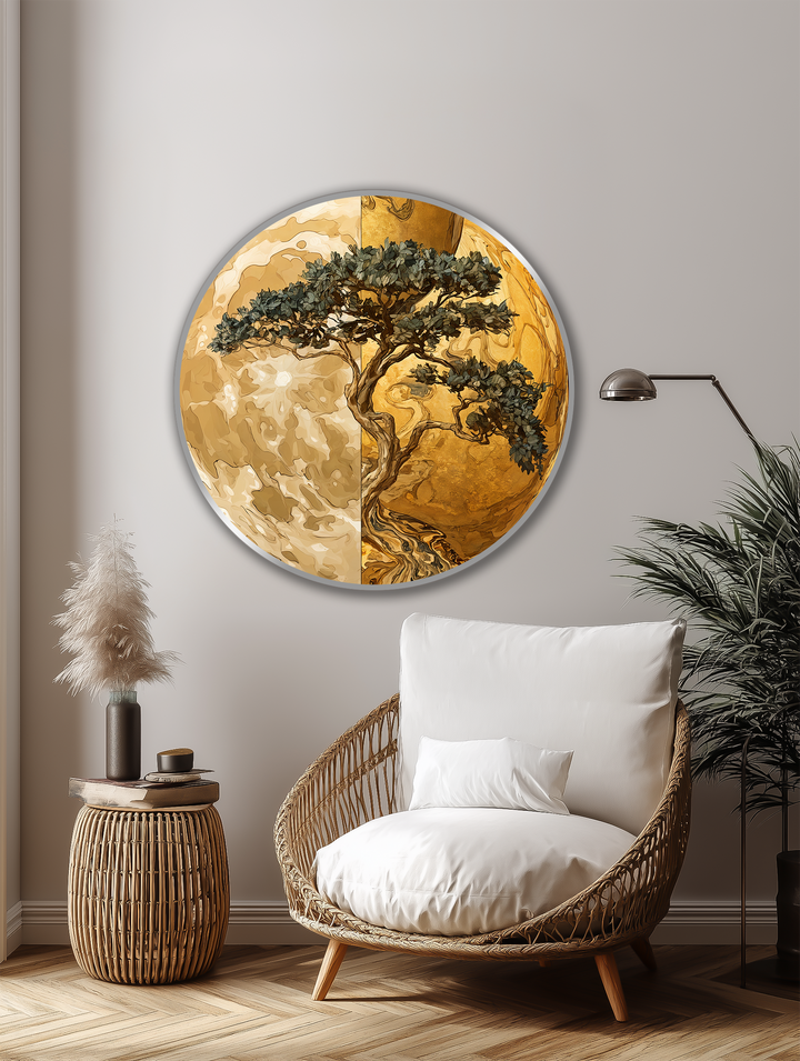Stillness emanates from the balanced Golden Balance Tree, a dual tone round oil painting reproduction print evoking quiet harmony.