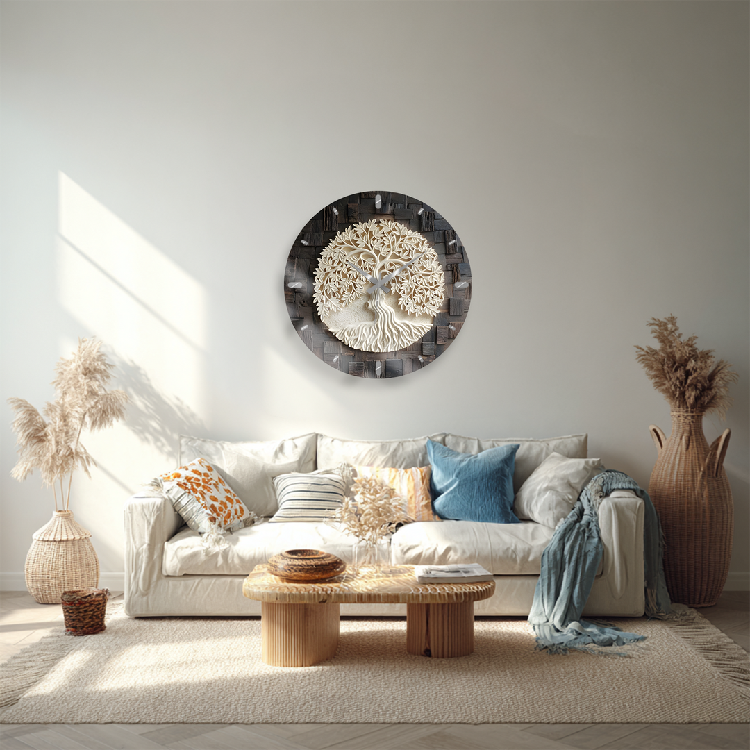Tree of Life Glass Wall Clock – Rustic Wood Look Decor