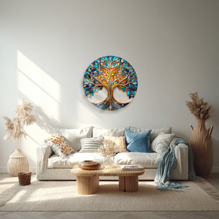 Tree of Life Glass Wall Clock – Blue and Gold Mosaic Decor