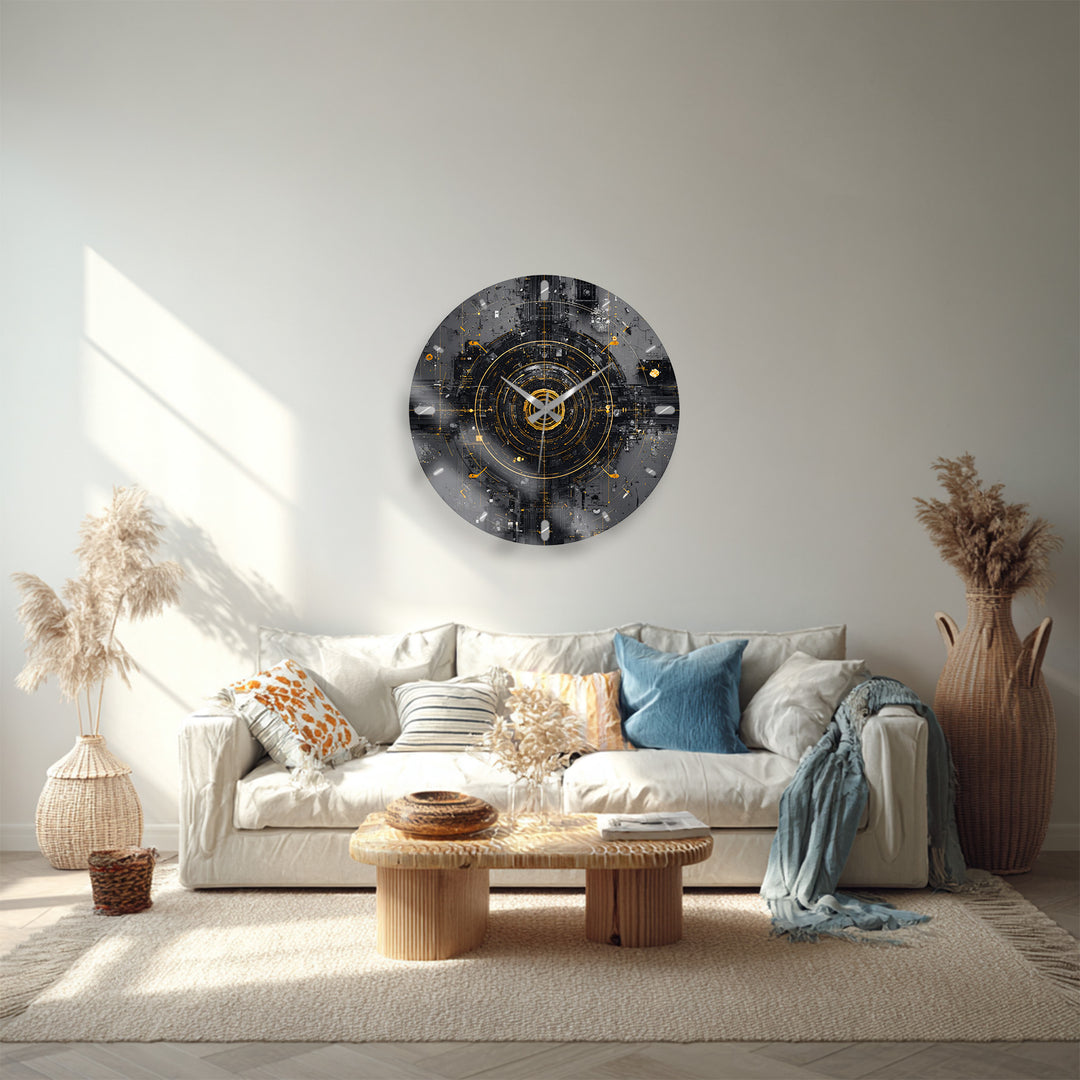 Industrial Abstract Glass Wall Clock – Black and Gold Tech Art