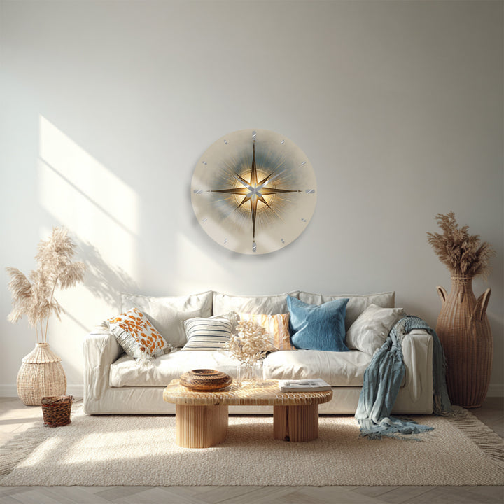 Gold Compass Rose Glass Wall Clock – Elegant Nautical Decor