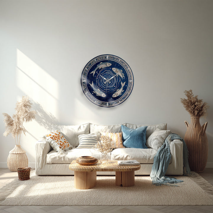 Blue Fish Mosaic Glass Wall Clock – Mediterranean Coastal Decor
