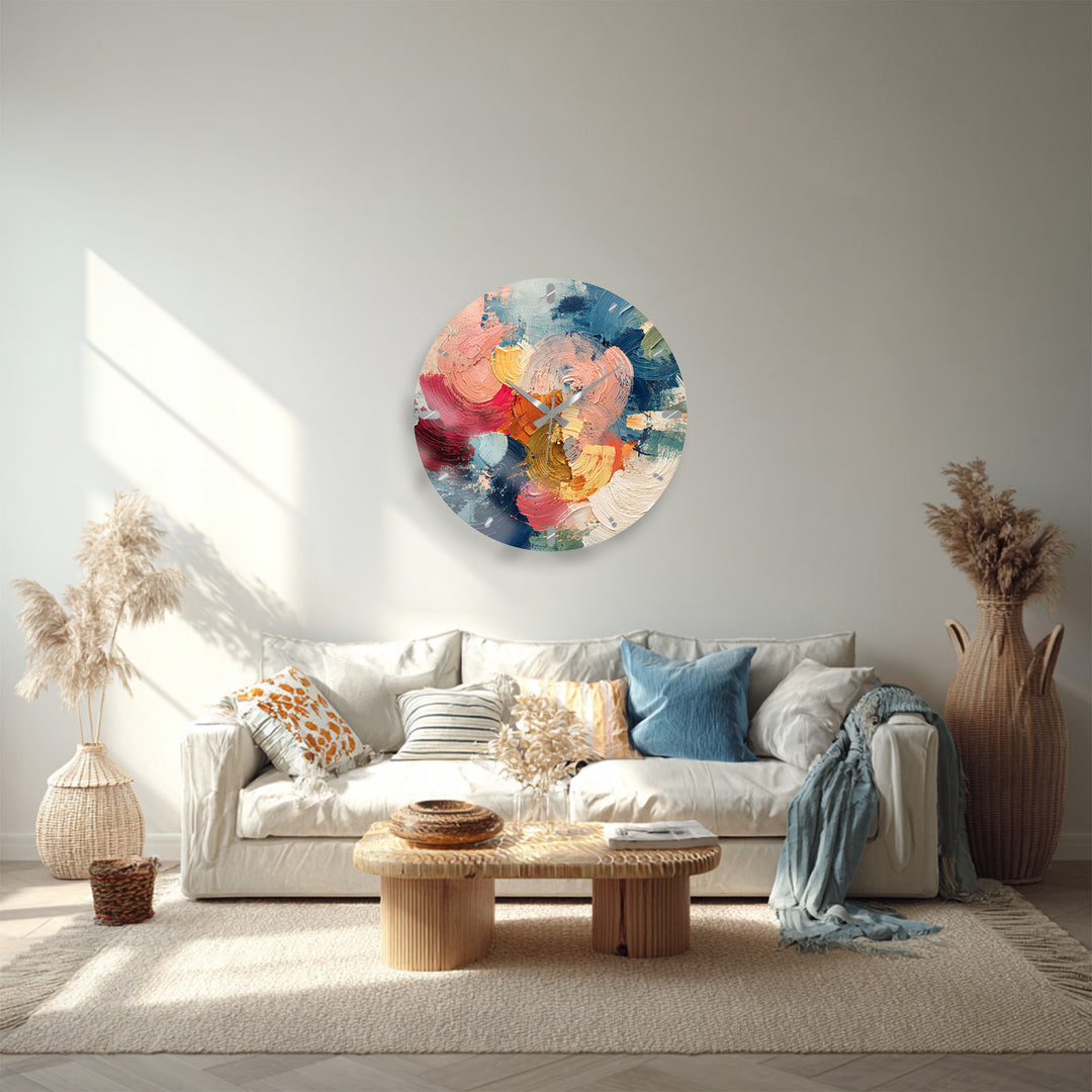 Colorful Abstract Glass Wall Clock – Textured Brushstroke Art