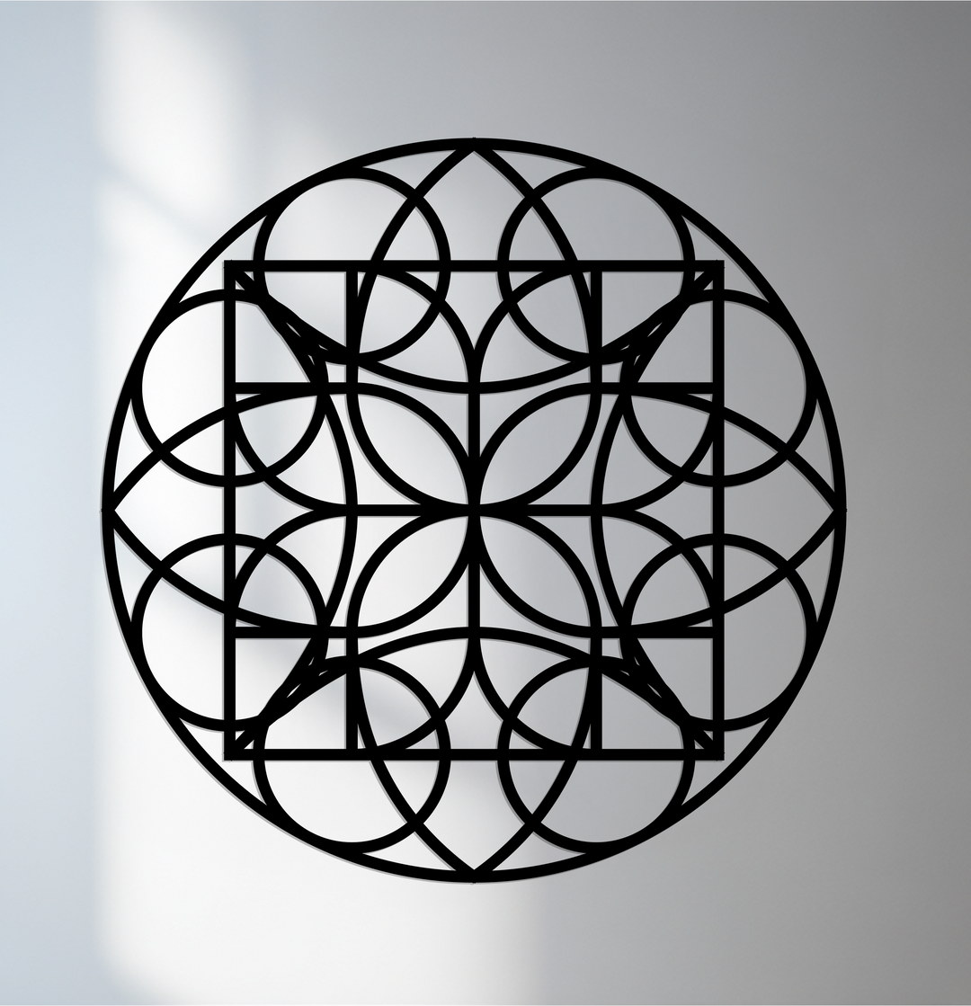 Circular metal artwork features a geometric circle grid design in a square orientation, creating a visually striking and modern aesthetic.