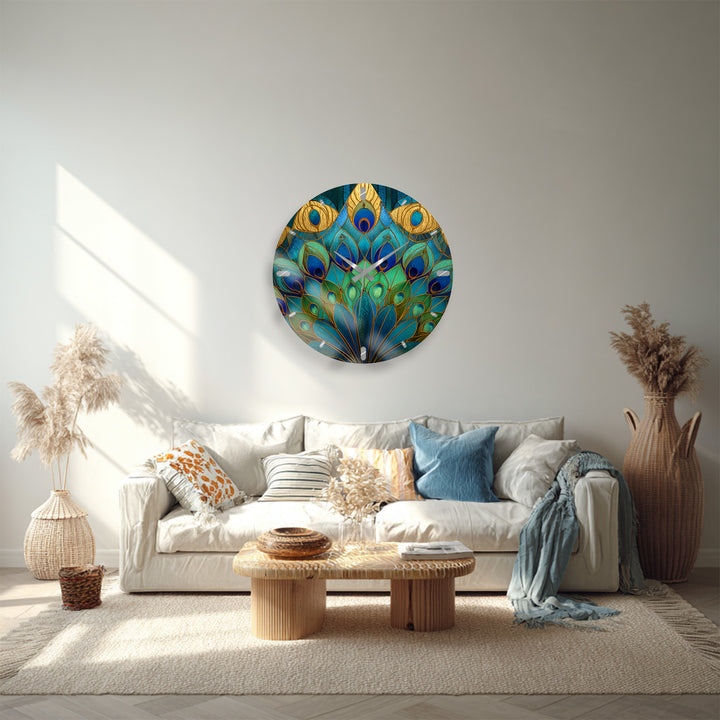 Peacock Feather Glass Wall Clock – Blue Art Nouveau Decor