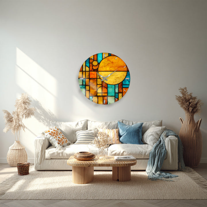 Orangefarbene und blaugrüne Glaswanduhr – geometrische Retro-Sonnenkunst