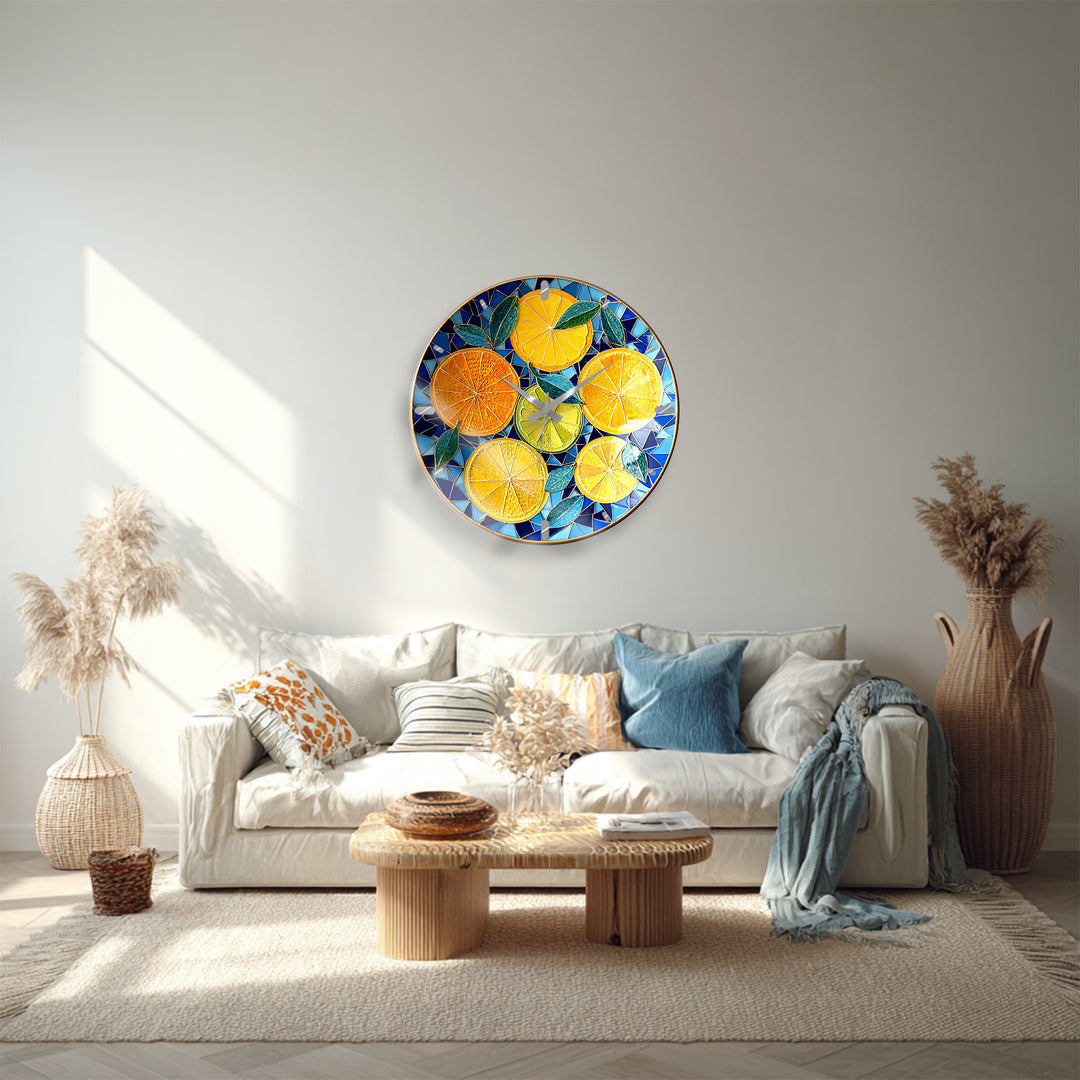 Lemon and Orange Glass Wall Clock – Mediterranean Kitchen Decor