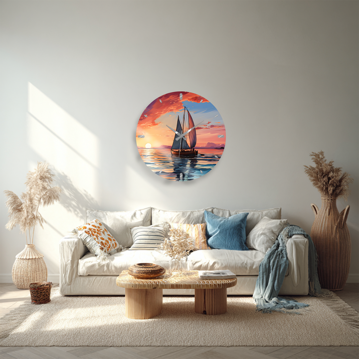 Sunset Sailboat Glass Wall Clock – Coastal Nautical Decor