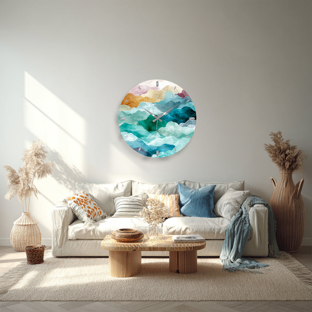 Abstract Mountain Glass Wall Clock – Teal Boho Landscape Decor