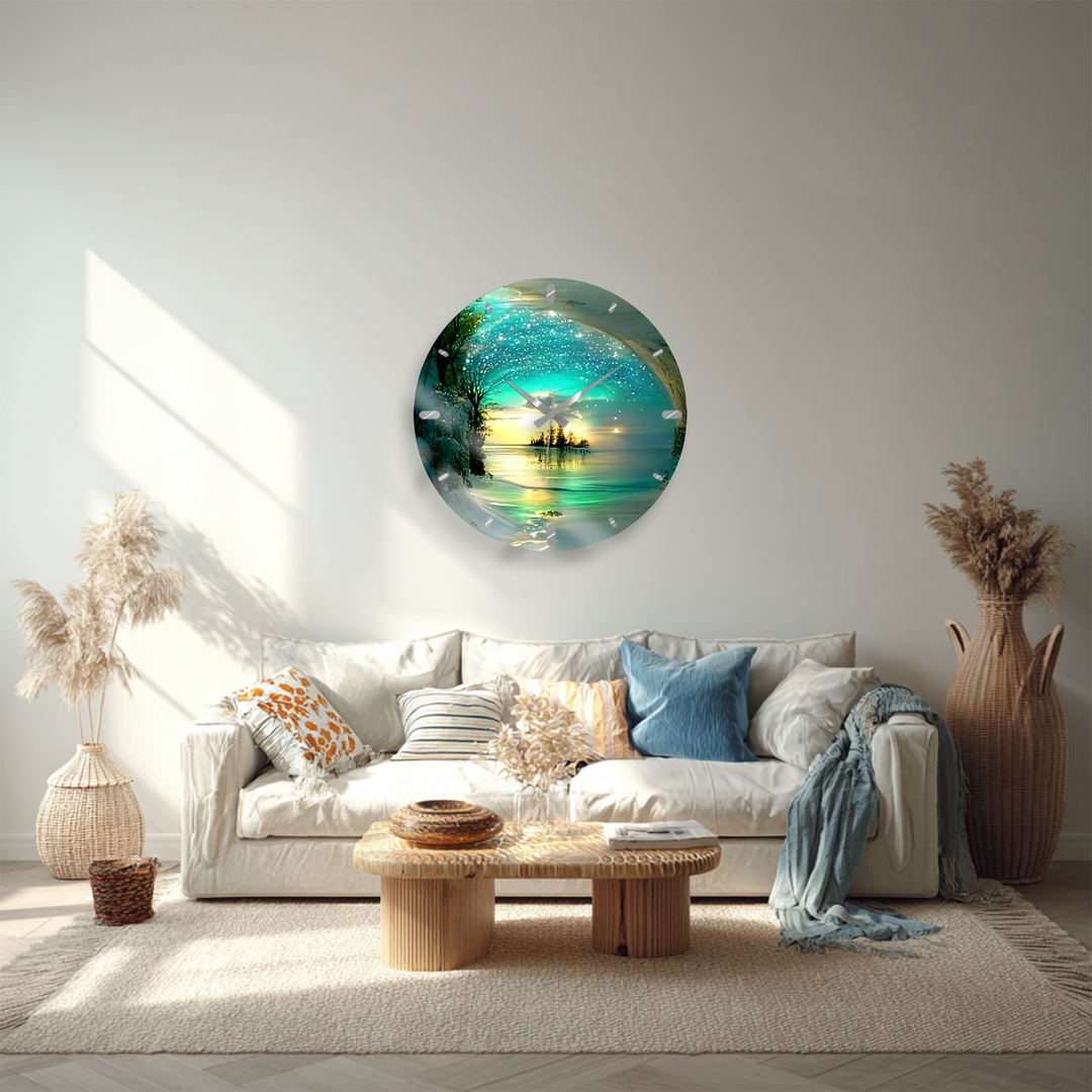 Enchanted Lake Glass Wall Clock – Turquoise Fantasy Landscape