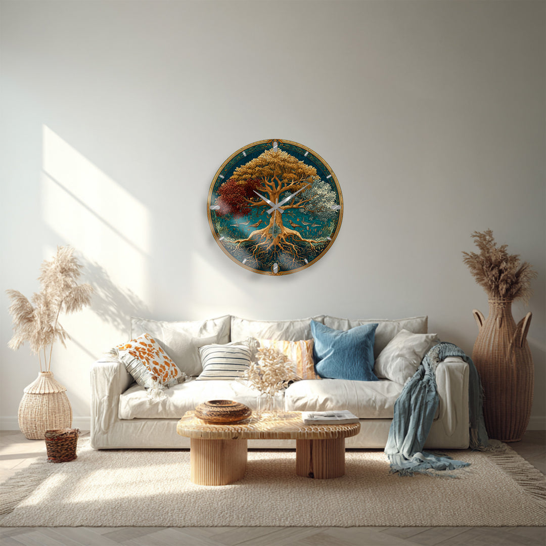 Four Seasons Tree of Life Glass Wall Clock – Botanical Decor