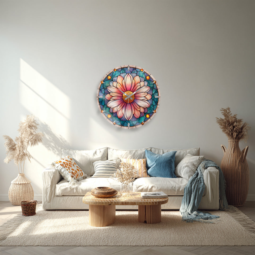 Rosa florale Glas-Wanduhr – Dekor im Buntglas-Stil