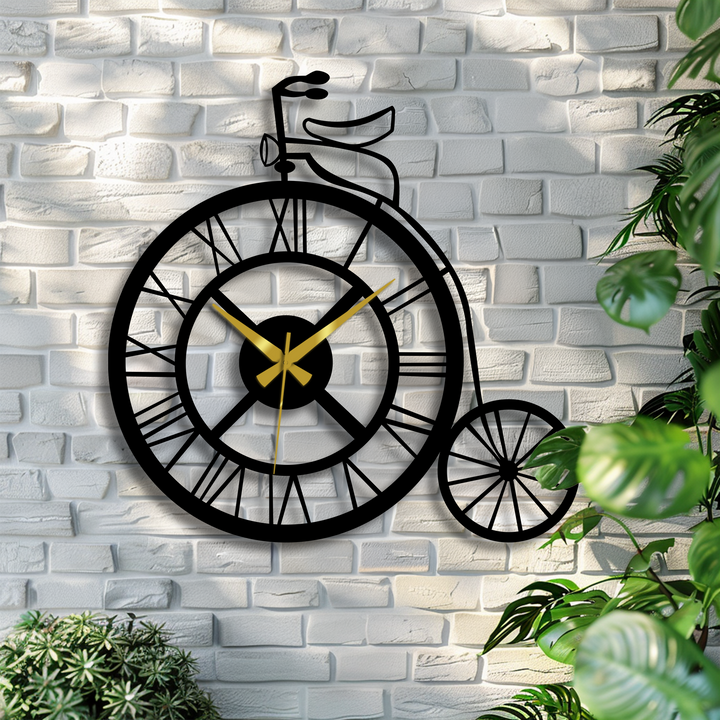 Visual rhythm flows through the vintage bicycle decorative metal art wall clock, with its big and small wheels creating a retro design on a white brick wall.