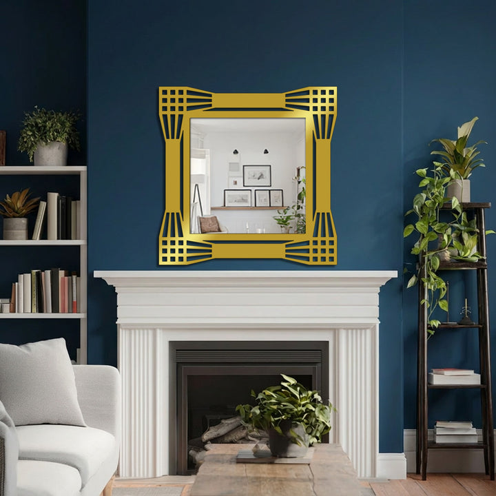 With high color saturation, a square floor mirror for wall decor is showcased, featuring an architectural grid and geometric frame, radiating bold hues in the room.
