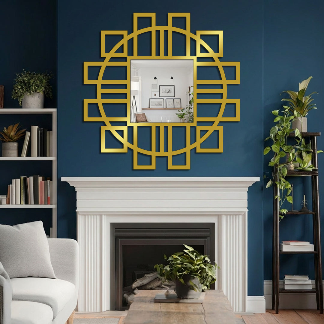 Deep navy blue wall provides a striking backdrop for the geometric fusion square floor mirror, enhancing the modern mirror design above the white mantel.