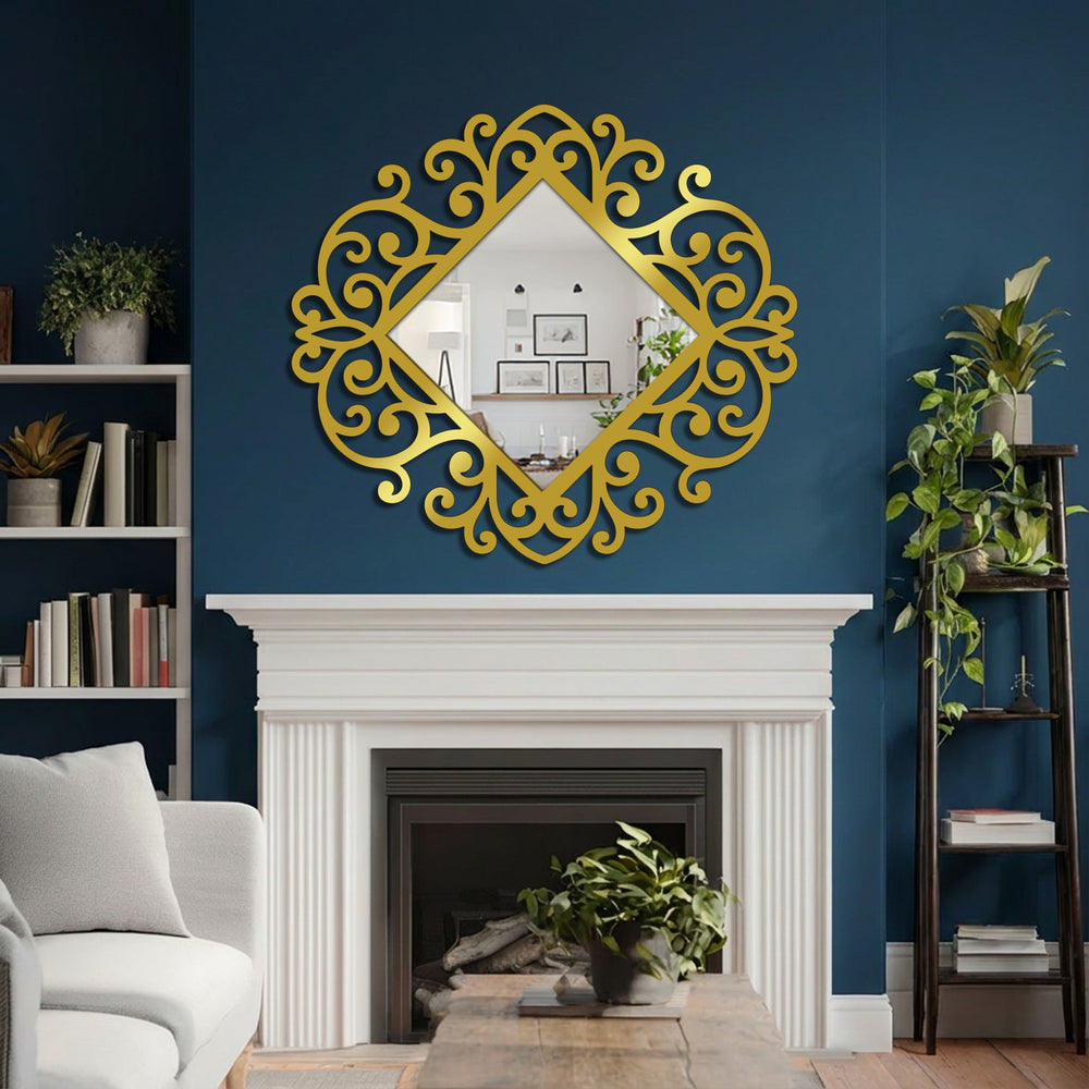 Deep navy provides a striking backdrop for this golden ornamental scroll diamond floor mirror, a beautiful example of decorating with wall mirrors and classic baroque design.