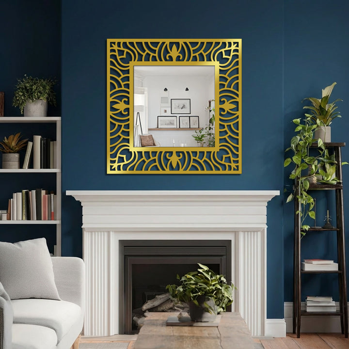 Gleaming, golden bathroom mirror features a loud, ornate wave pattern with a decorative metal frame, becoming a stunning focal point above the white mantel.