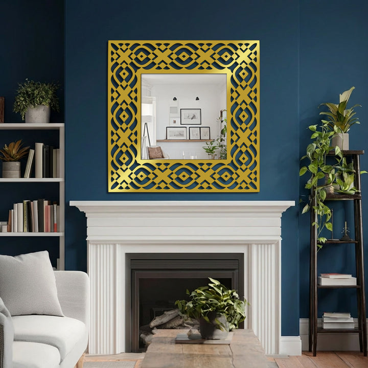 Reflection in the decorative square stained glass wall mirror highlights a geometric tribal frame casting light around the room.