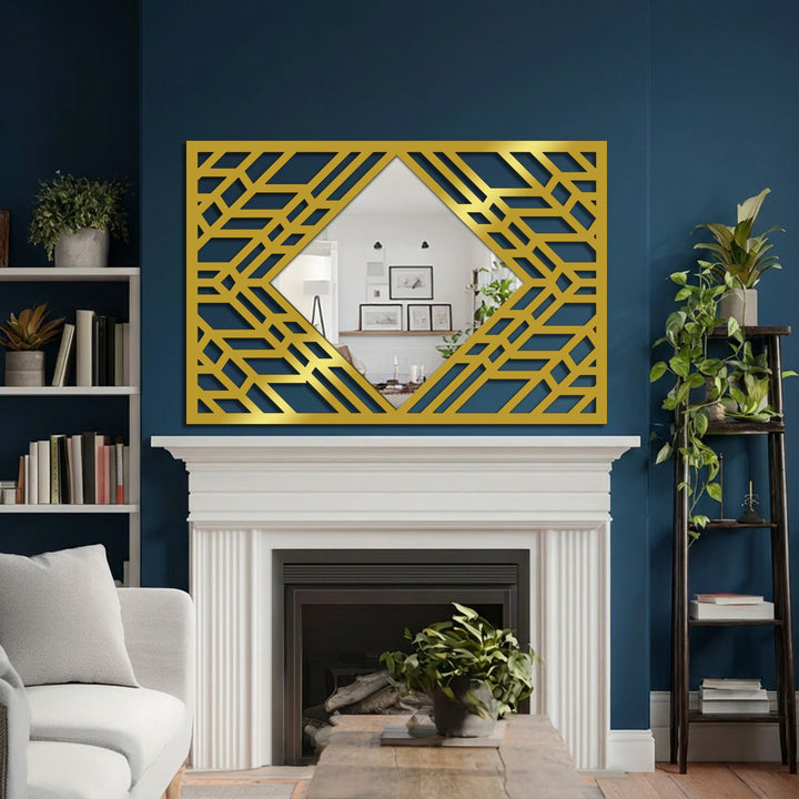 Navy walls offer a striking backdrop that accentuates the gold decoration wall art frame on this geometric diamond art deco floor mirror.