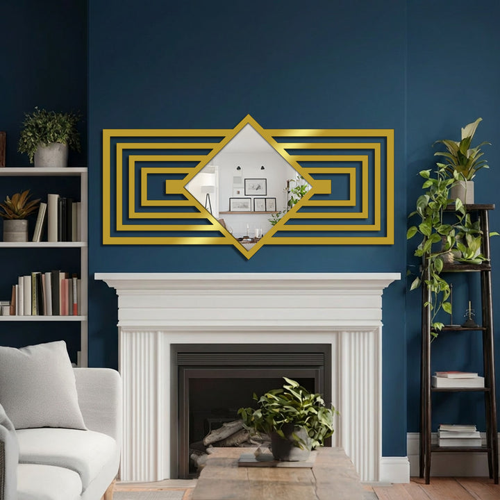 Visual rhythm is created by the repeated geometric shapes of this art deco decorative mirror, which uses layered frame lines to enhance the diamond center.