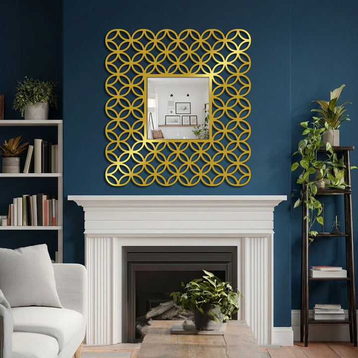 Stillness captures the geometric precision of this interlocking ring pattern square floor mirror, reflecting a moment of quiet elegance with its decorative frame, a captivating piece of modern mirror design.