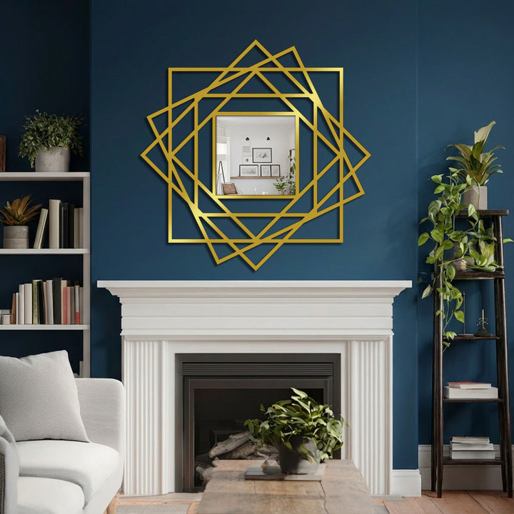 Showcasing the abstract quality, this floor mirror features a layered geometric frame with unique metal wall art that creates a modern and visually intriguing focal point.