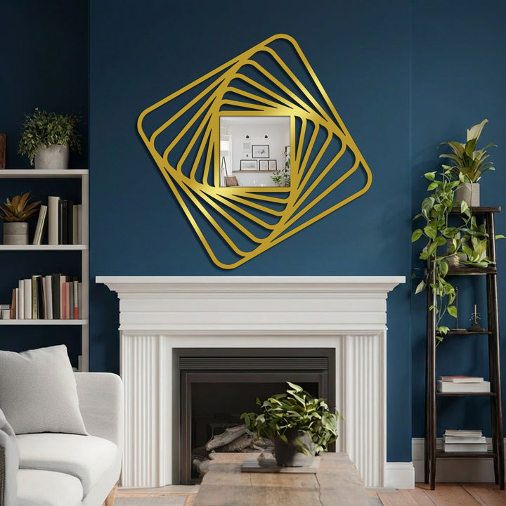 Highlighted by its strategic negative space, this decorative metal art floor mirror features a twisted square spiral frame with dynamic lines, creating a visually striking focal point.
