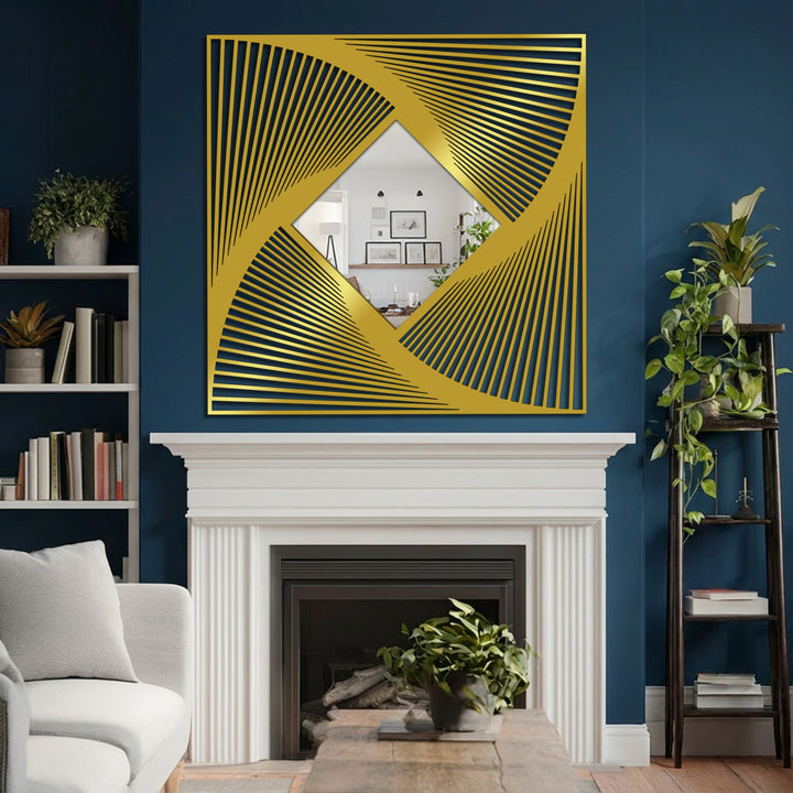 The radial lines of the geometric frame create a mesmerizing sense of movement around the diamond floor bathroom mirror, adding a touch of decorative metal art.