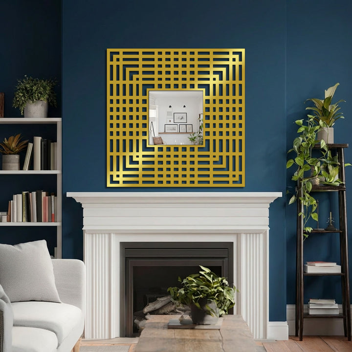 Featuring a lustrous gold finish, this geometric grid pattern frame square floor mirror brings a modern and linear design element while decorating with wall mirrors.