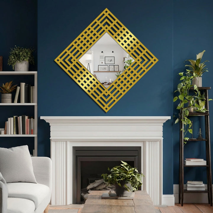 Graceful tendrils of a climbing plant introduce organic forms to the geometric pattern and layered grid diamond frame of this decorative stained glass wall mirror.