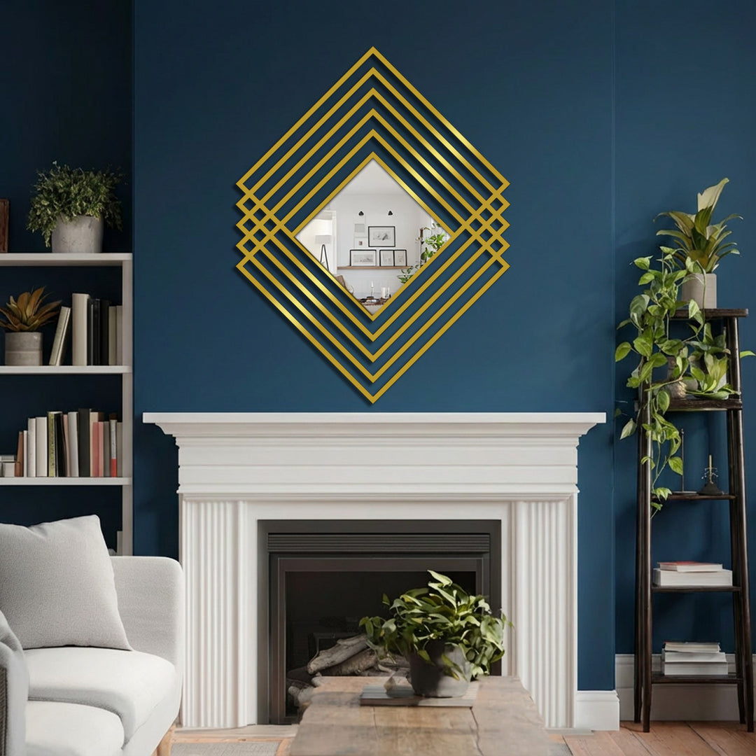 Reflecting a bright space within its geometric form, the layered diamond frame floor mirror serves as an eye-catching metal wall decor focal point above the fireplace.