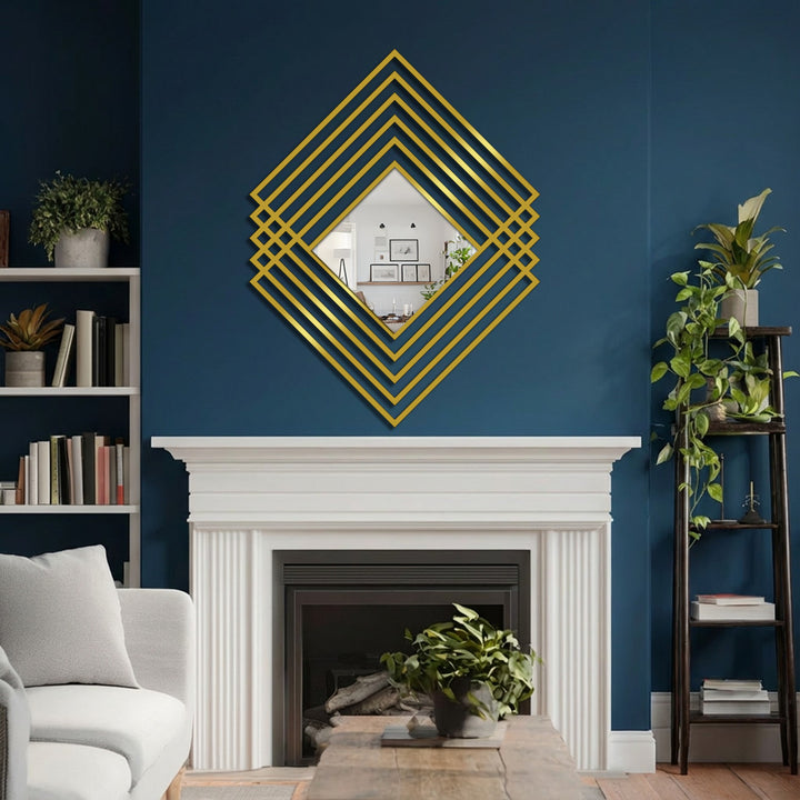 Reflecting a bright space within its geometric form, the layered diamond frame floor mirror serves as an eye-catching metal wall decor focal point above the fireplace.