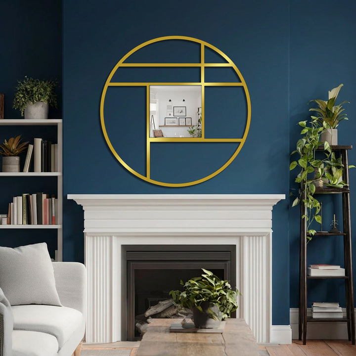 Bold color contrast defines this modern decorative mirror with a gold geometric frame, creating an eye-catching focal point above the white mantel.
