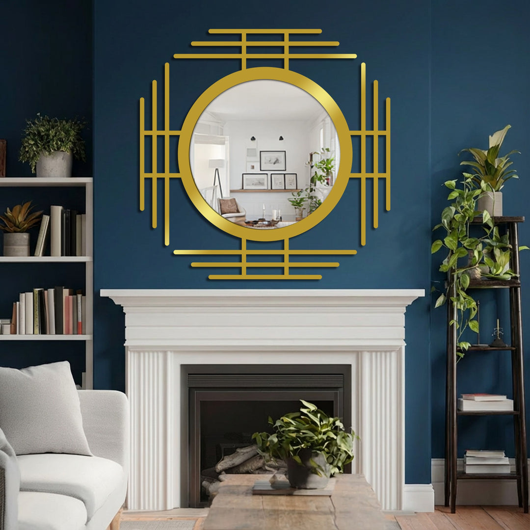 Alternating long and short linear elements create a dynamic visual rhythm within this gold framed wall mirror with a striking geometric metal art for wall design.