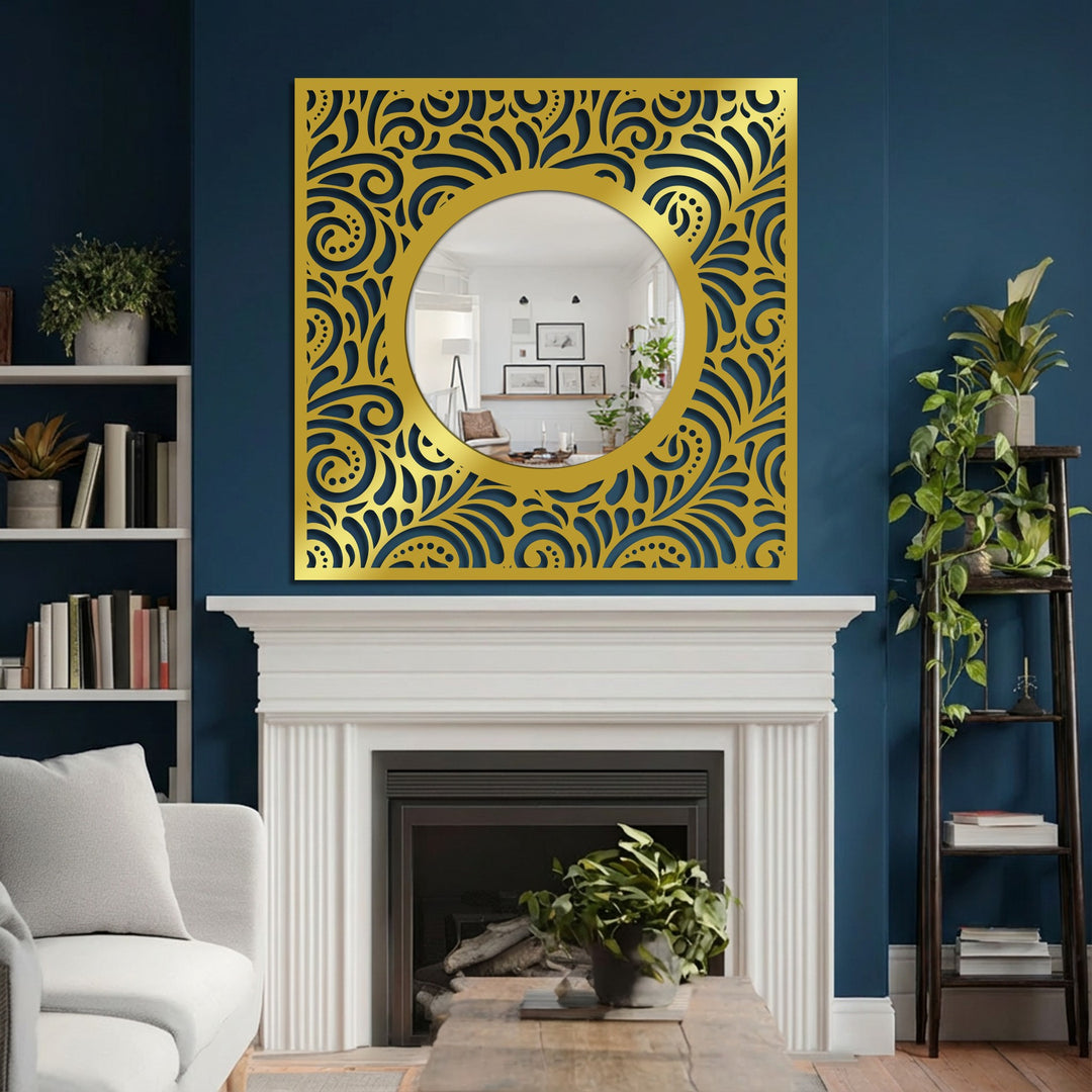 Reflecting a well-lit interior, the bright center of the ornate eclipse mirror for wall decor creates a captivating focal point within the decorative gold metal frame.