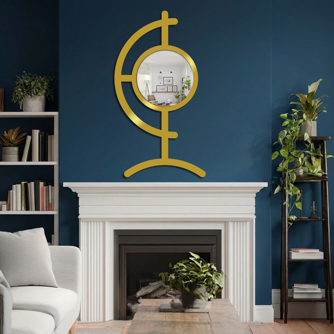 With cool color temperatures, the modern mirror in the orbit line design features a round central glass reflecting a cozy, bright interior, contrasting with a deep blue wall.