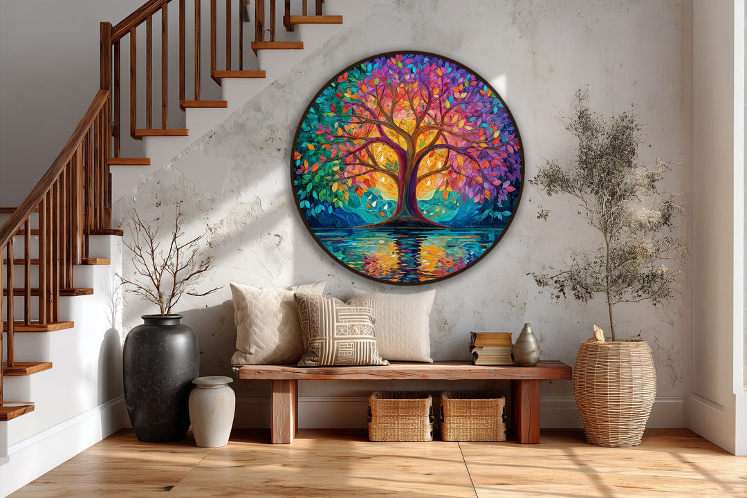 Sunlight casts shadows around the radiant spectrum tree, highlighting the bold colors in this abstract oil painting art piece and its water reflection.