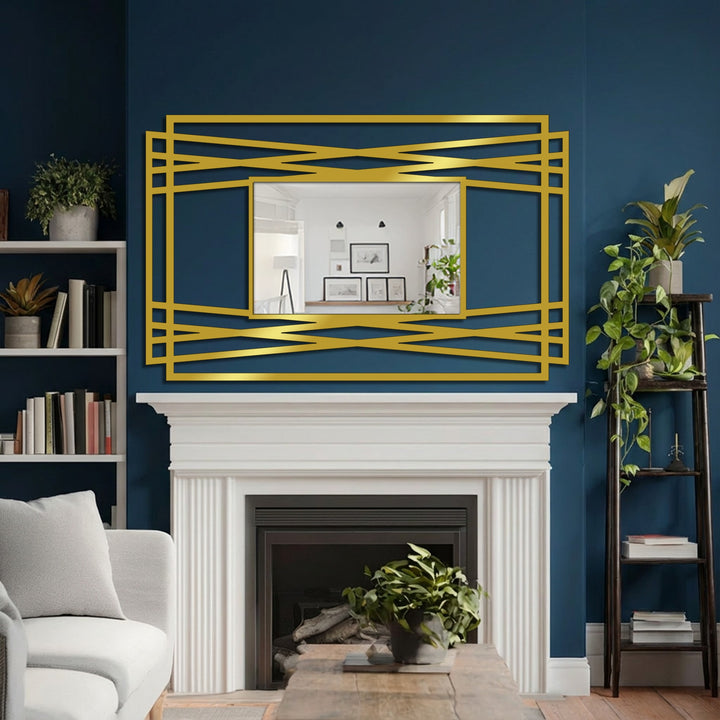 The darkest area highlights the intricate decoration wall art created by the vertical line geometry and modern black metal design of the sleek floor mirror.