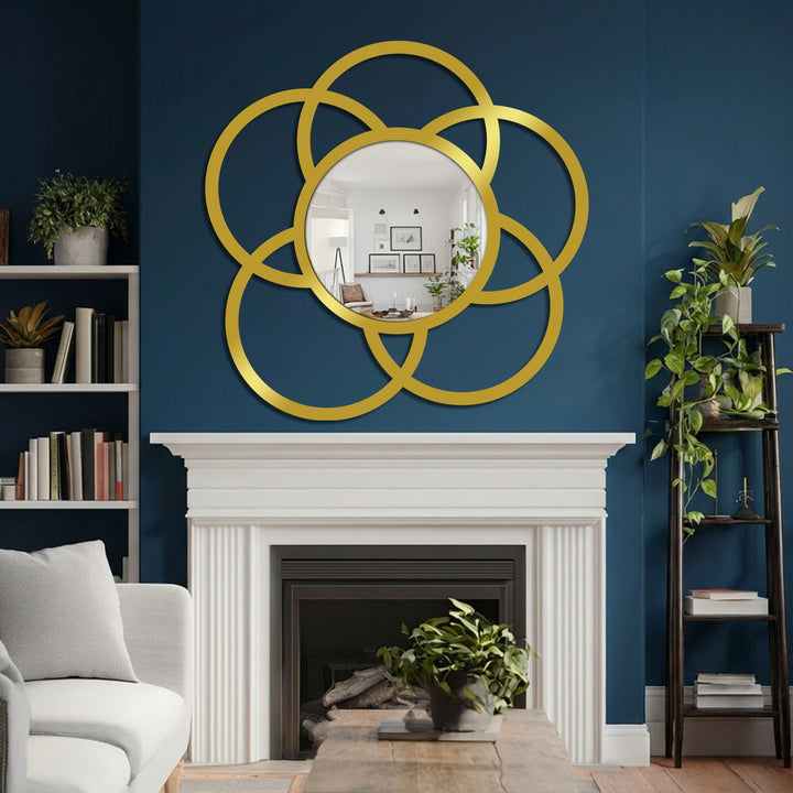 Painted in a deep navy, the background wall serves as a dramatic backdrop for the modern interlock circle mirror, creating a contrast within the bathroom mirror.