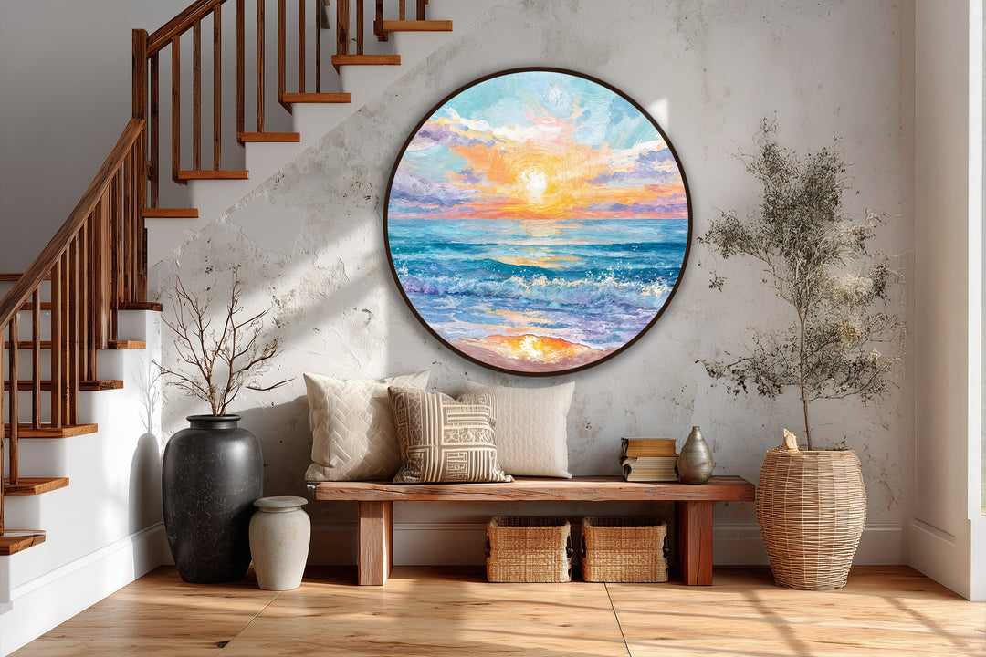 Golden hues dominate this vibrant seaside sunrise round oil painting, a stunning example of modern oil painting art depicting a golden horizon and sunlit waves.